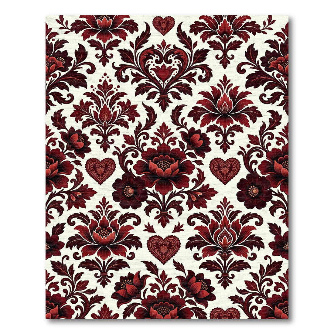 Dark Red Floral Heart Damask Rug