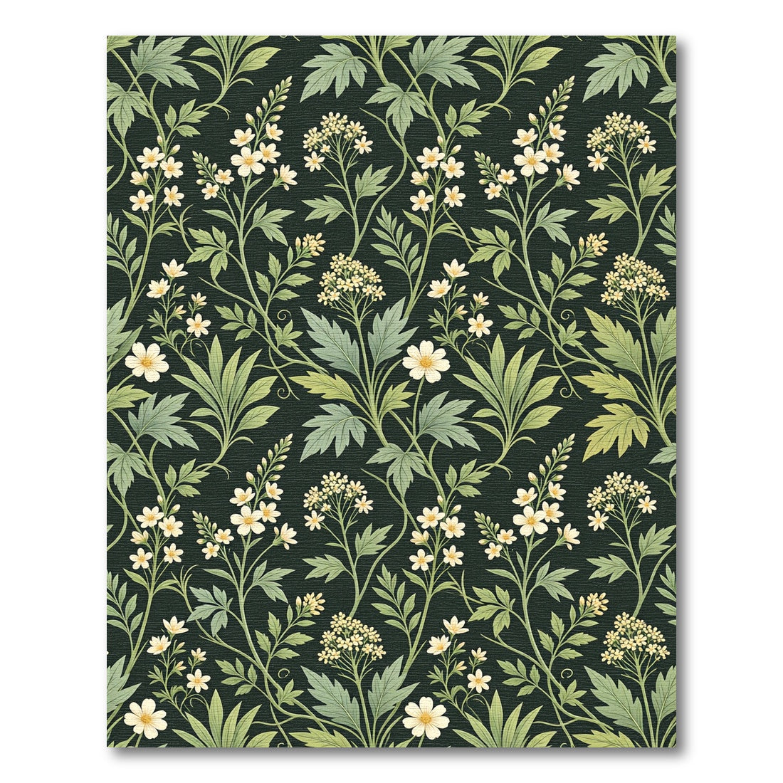 Botanical White Blossom Dark Sage Background Rug