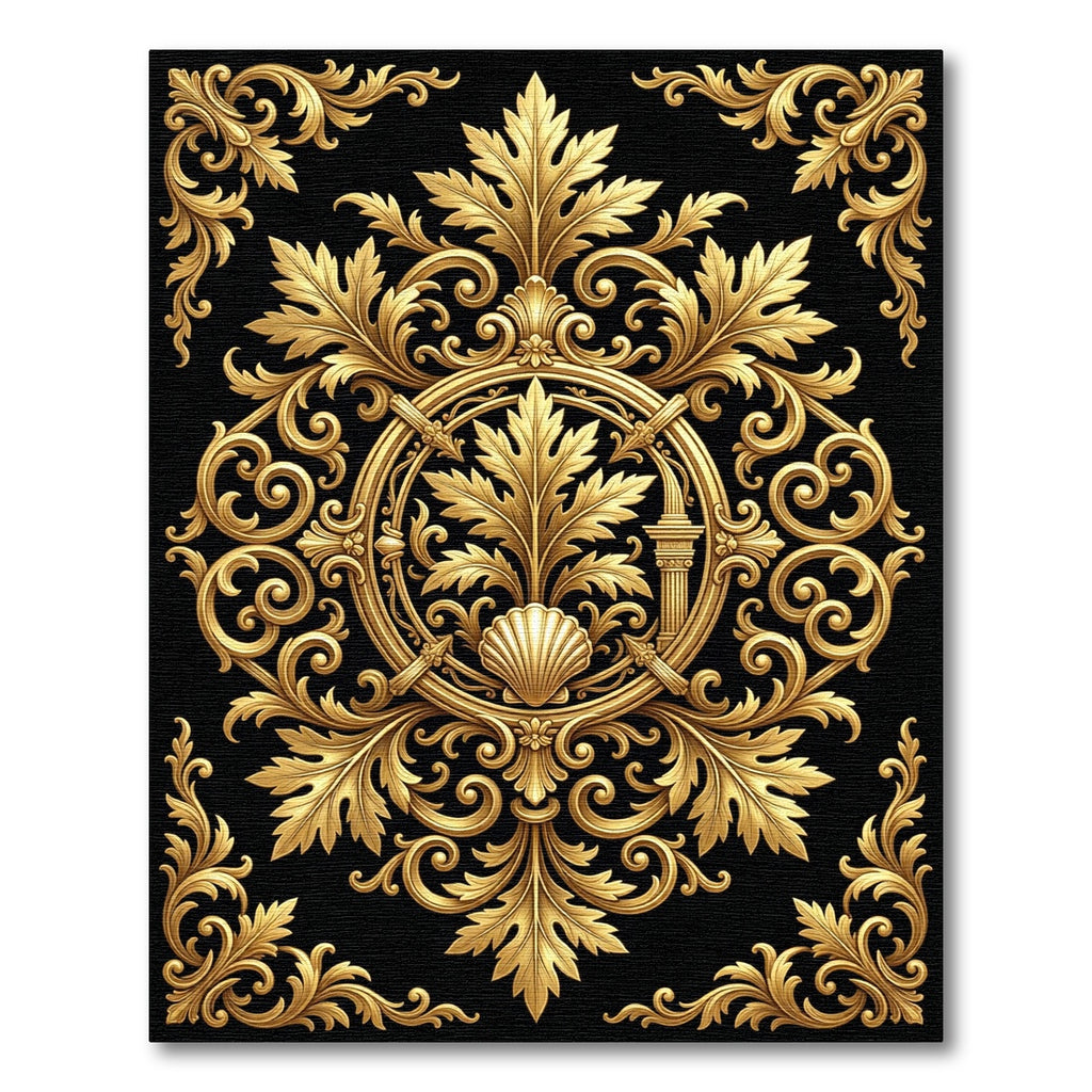 Ornate Gold Acanthus Leaf Baroque Medallion Rug