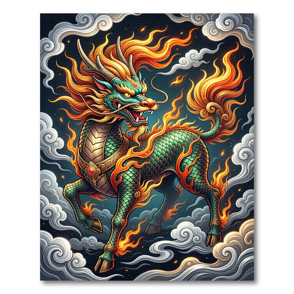 Emerald Mythical Qilin Flaming Dragon Rug