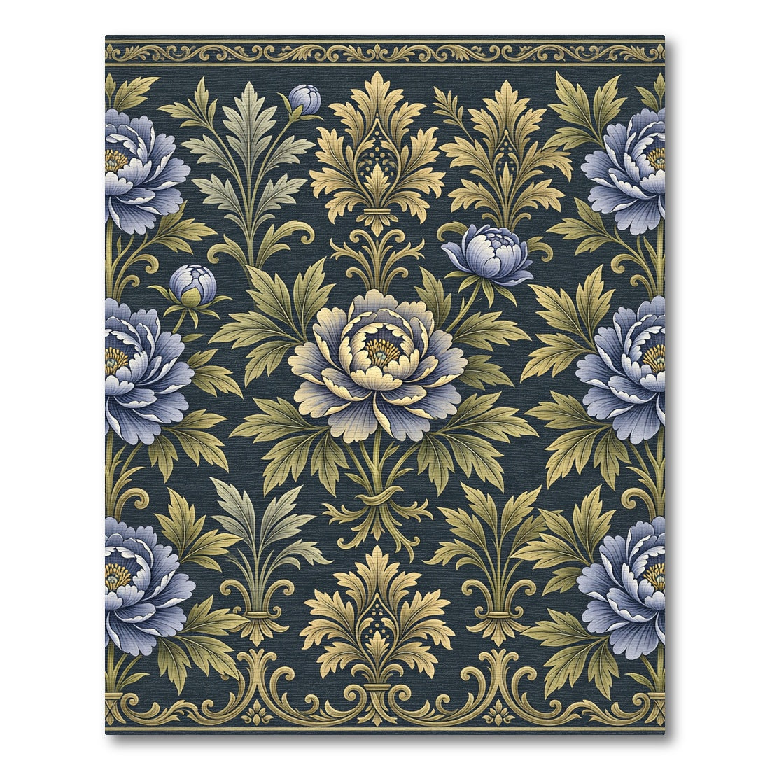 Elegant Navy Gold Peony Damask Rug