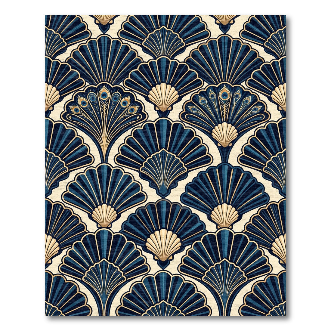 Art Deco Navy Gold Fan Peacock Rug