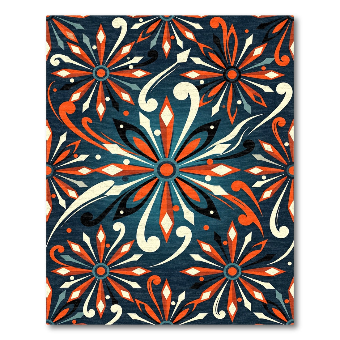 Vibrant Orange Floral Navy Swirls Rug