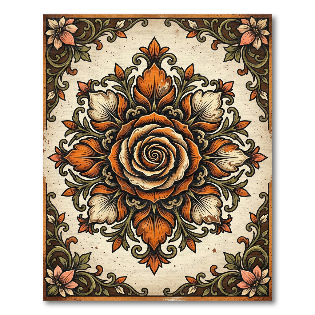 Antique Orange Rose Botanical Medallion Rug