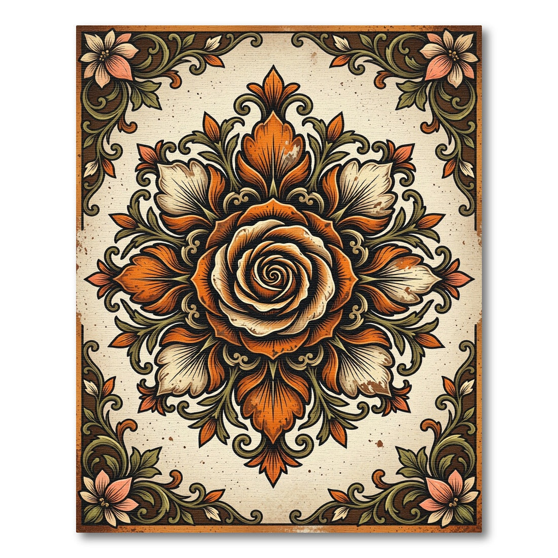 Antique Orange Rose Botanical Medallion Rug