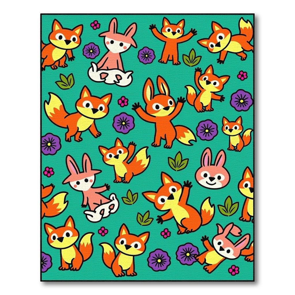 Cute Orange Fox Bunnies Flowers Teal Rug