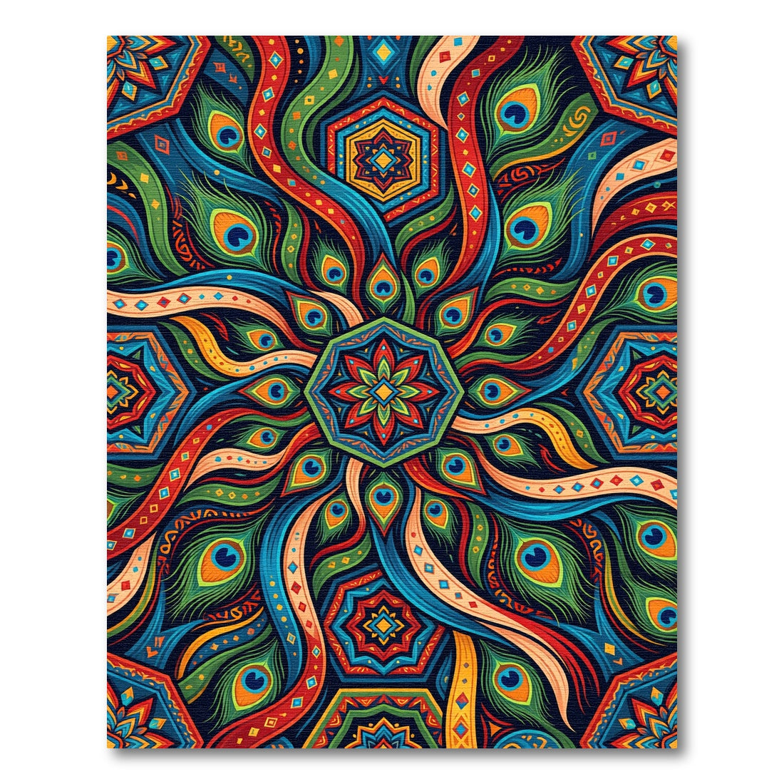 Vibrant Peacock Feather Mandala Medallion Rug