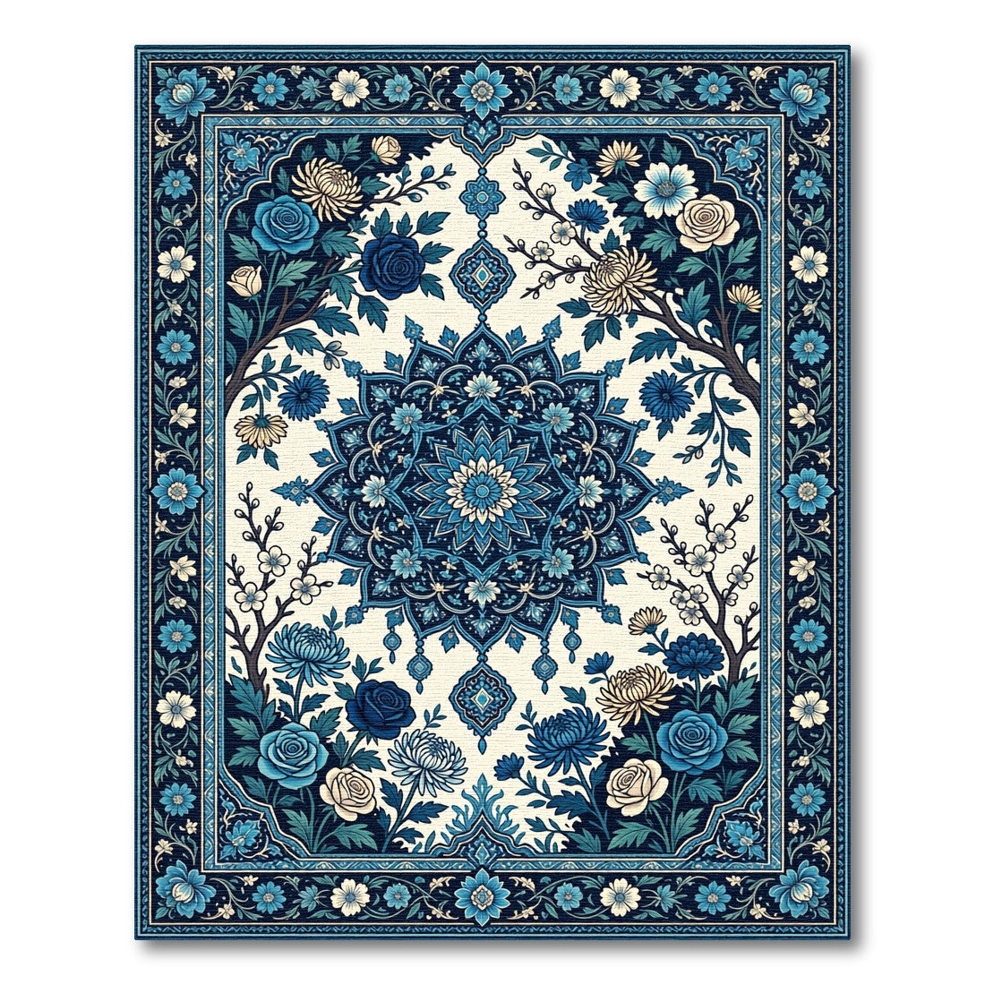 Deep Blue Floral Medallion Garden Rug