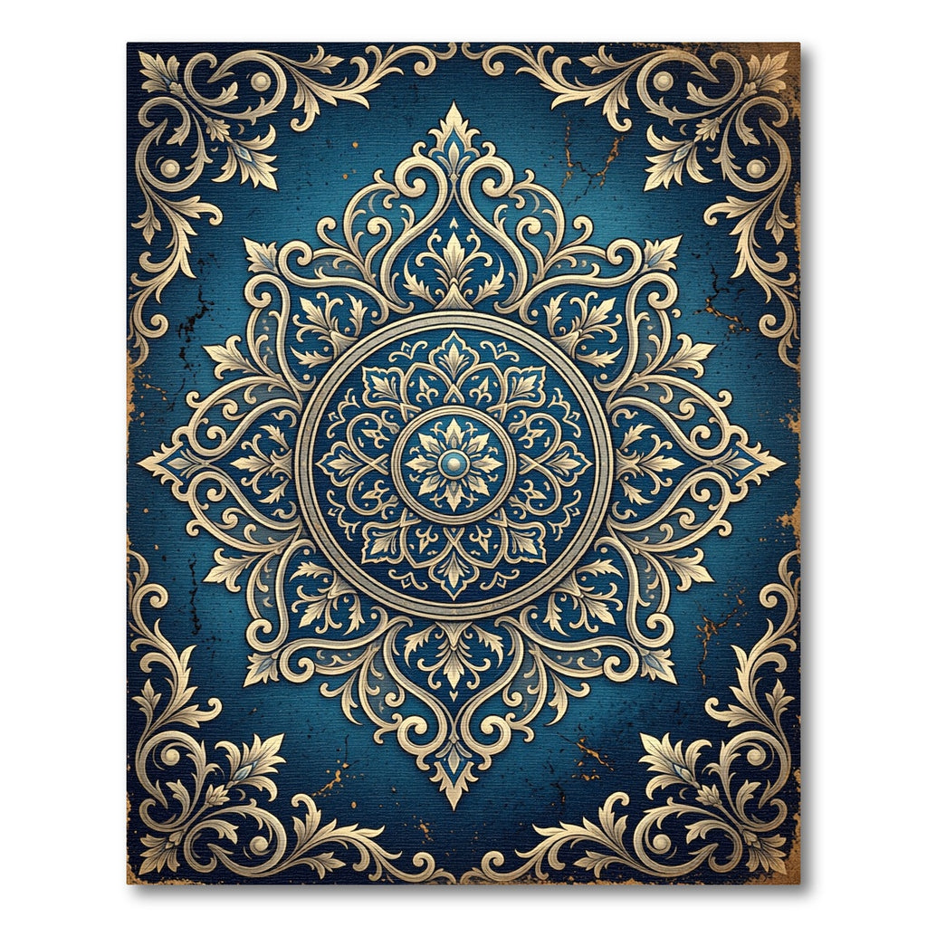 Ornate Deep Blue Gold Floral Medallion Rug