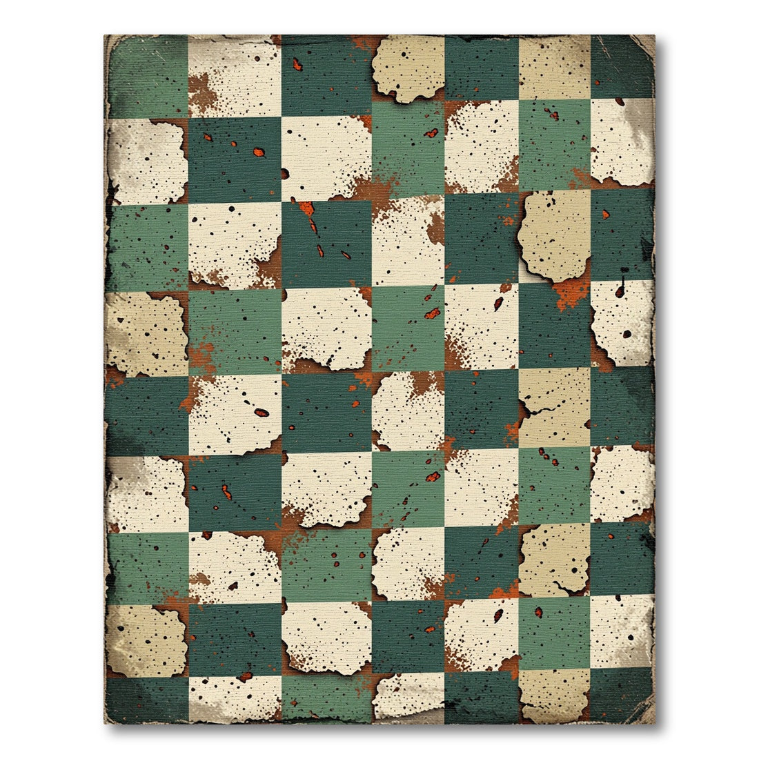 Aged Checkerboard Splatter Green Cream Rug
