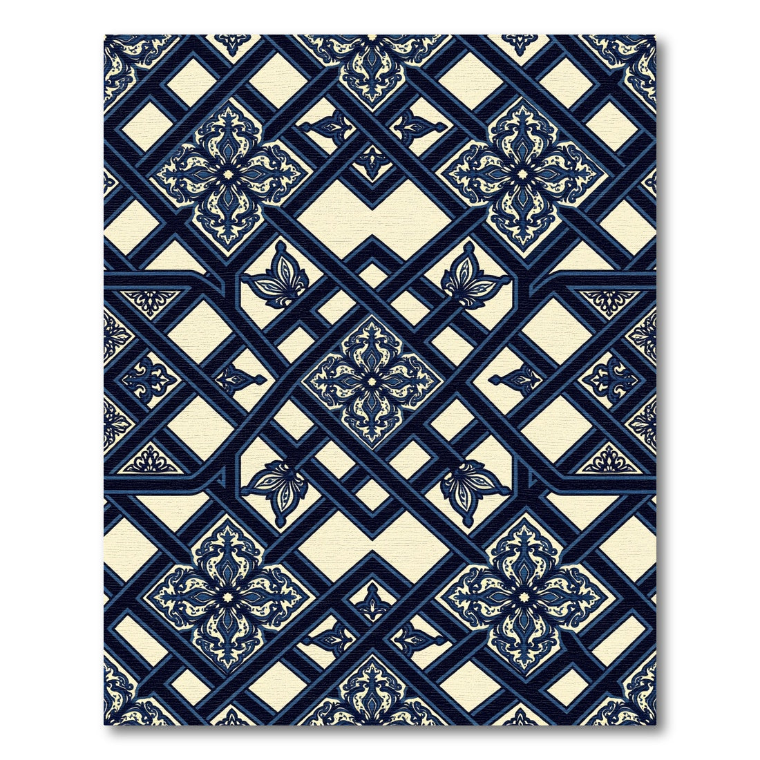 Navy Blue Damask Trellis Lattice Rug