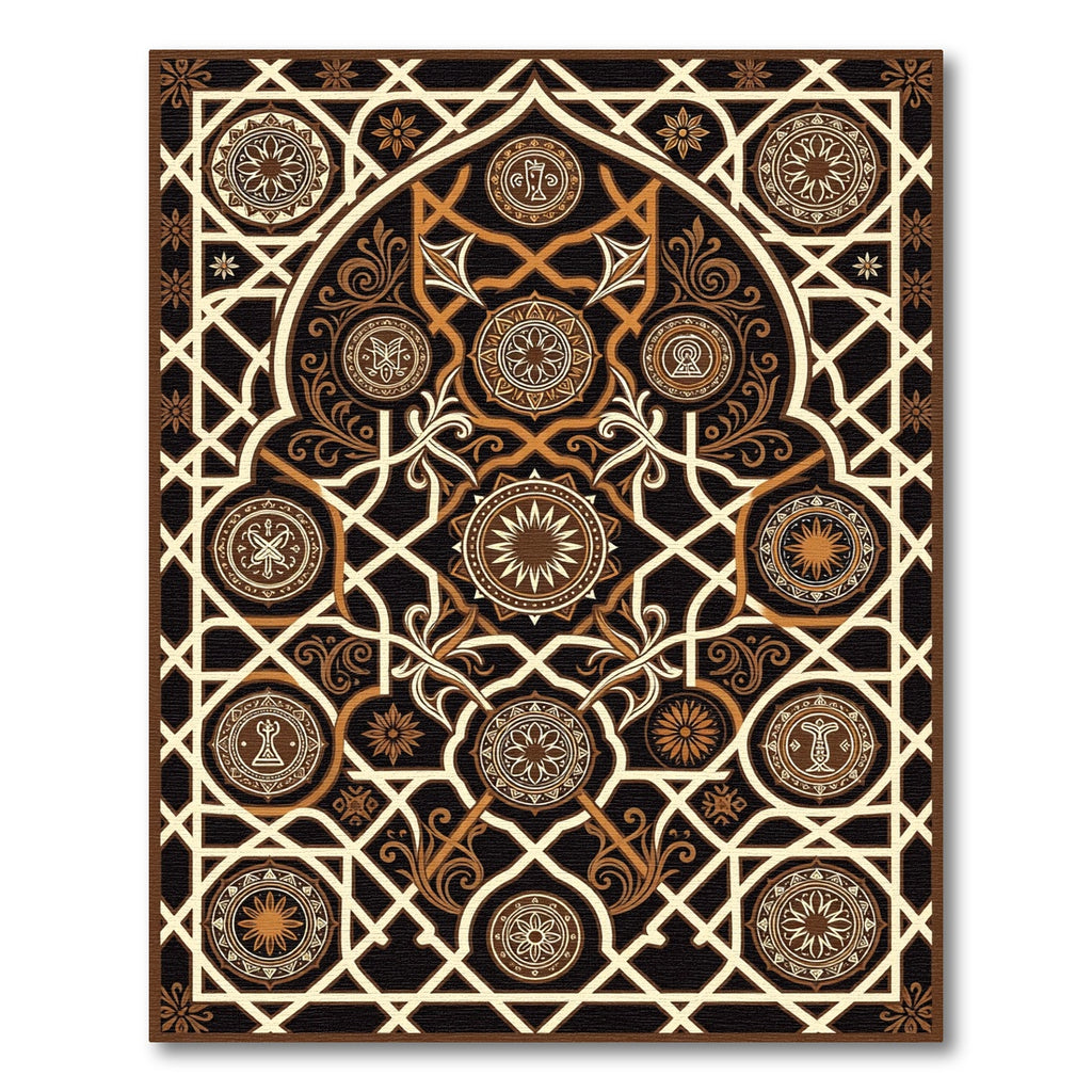 Ornate Bronze Geometric Arabesque Medallion Rug