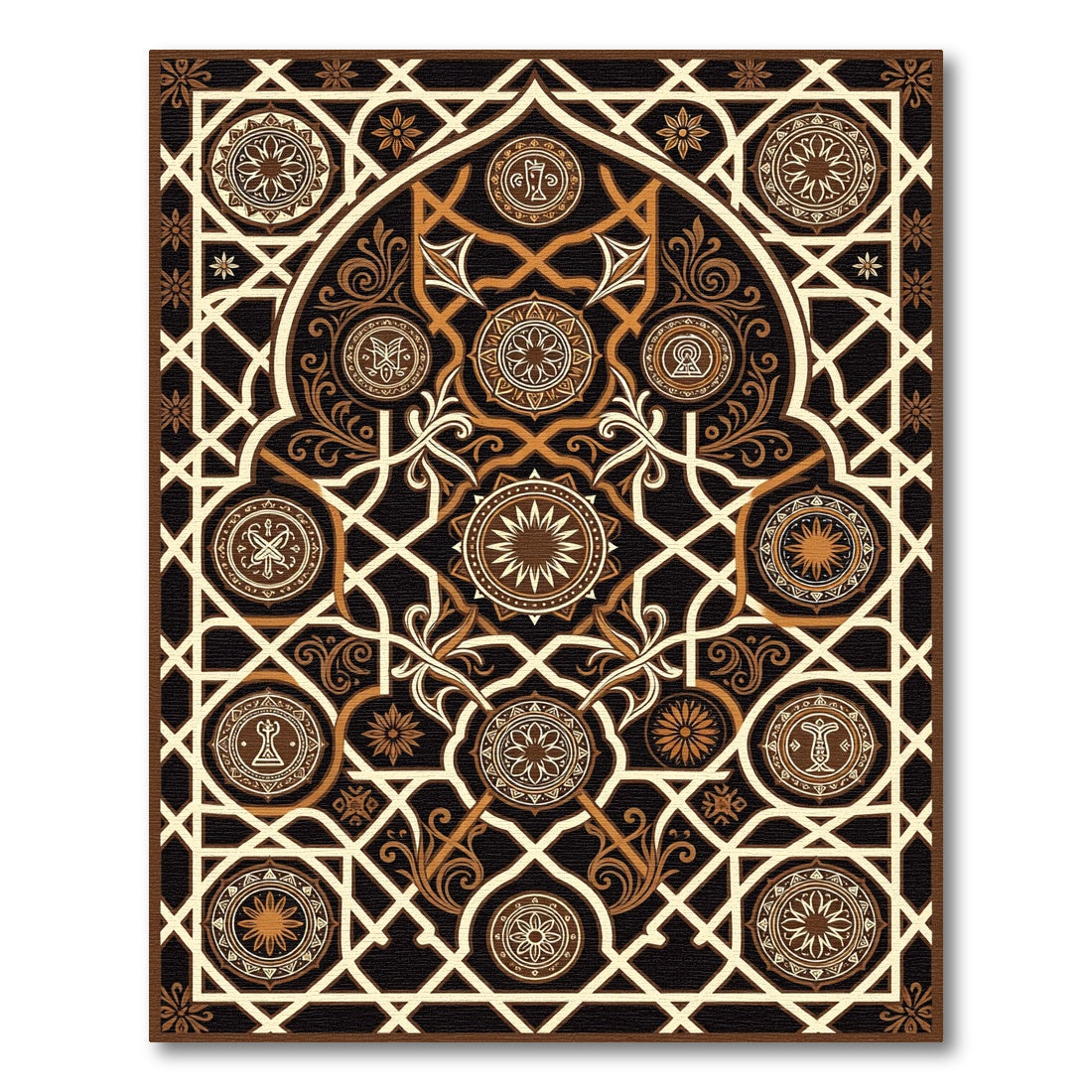 Ornate Bronze Geometric Arabesque Medallion Rug