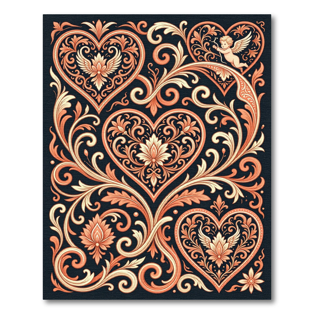 Ornate Pink Heart Floral Scroll Rug