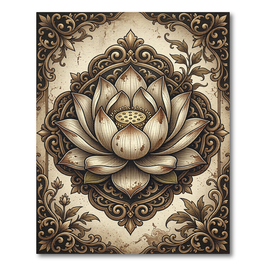 Elegant Vintage Sepia Lotus Medallion Rug