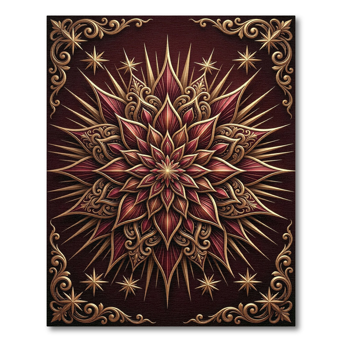 Regal Crimson Gold Starburst Mandala Rug