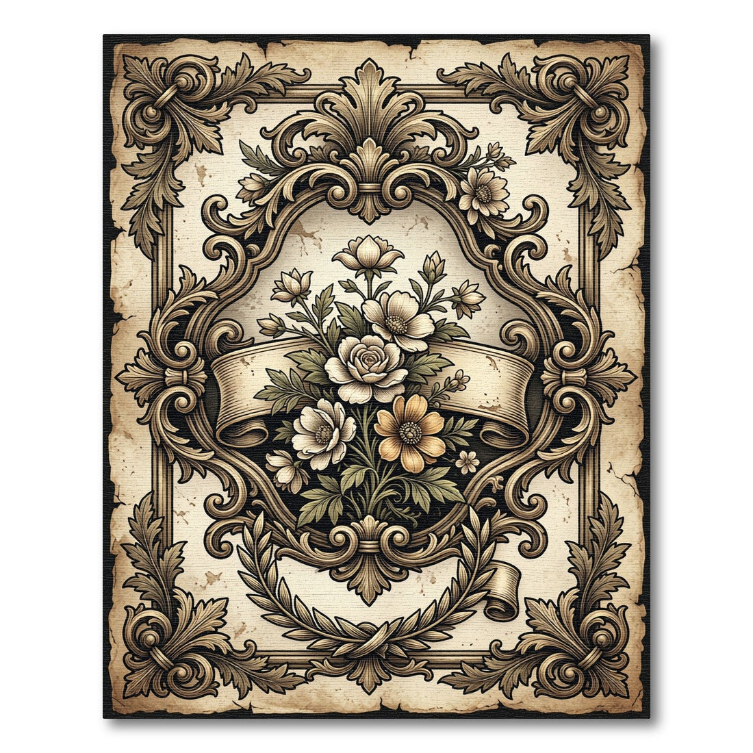Antique Cream Floral Baroque Scroll Rug