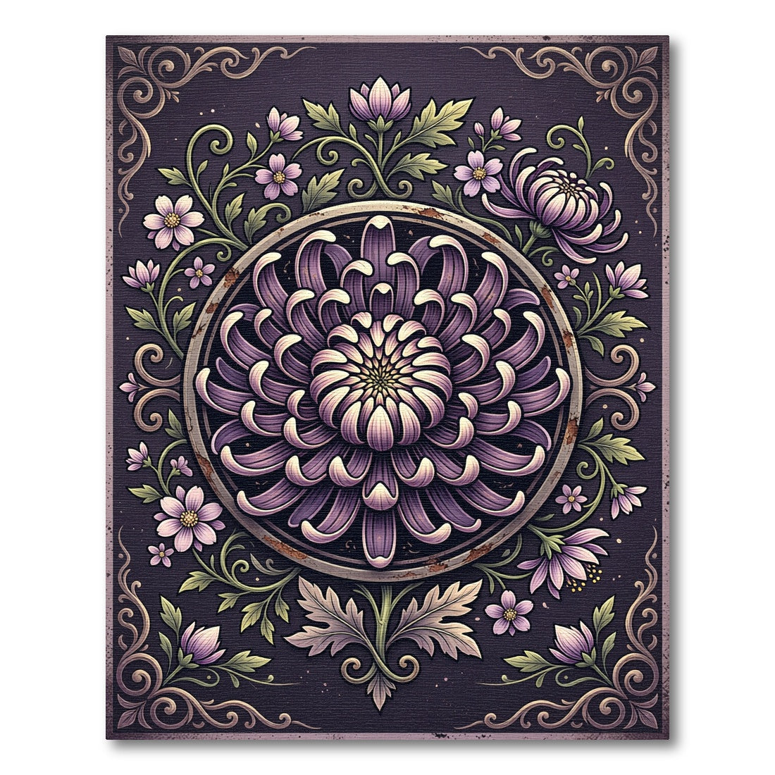 Elegant Violet Chrysanthemum Floral Medallion Rug