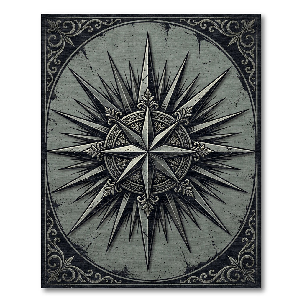 Ornate Monochrome Nautical Compass Star Rug