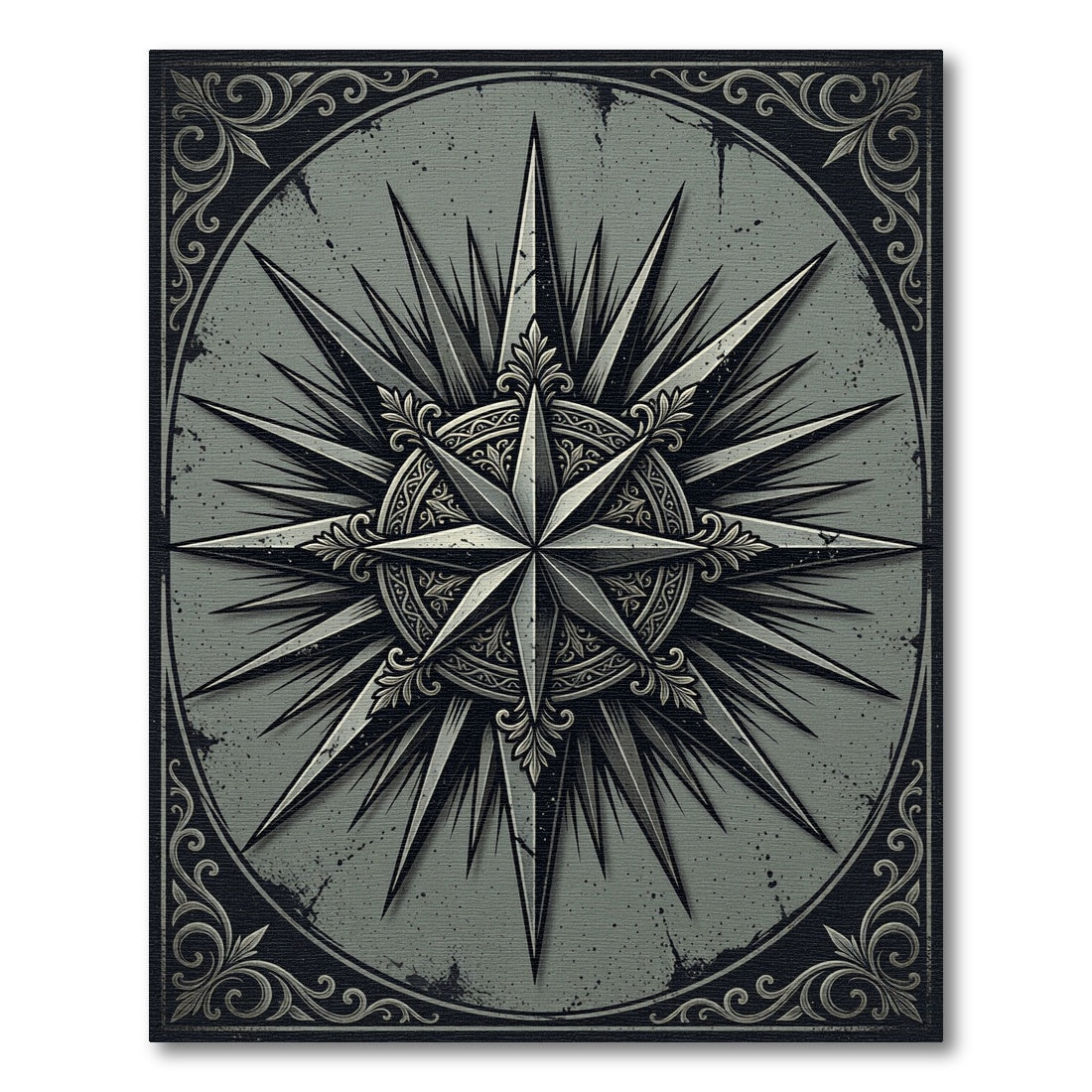 Ornate Monochrome Nautical Compass Star Rug