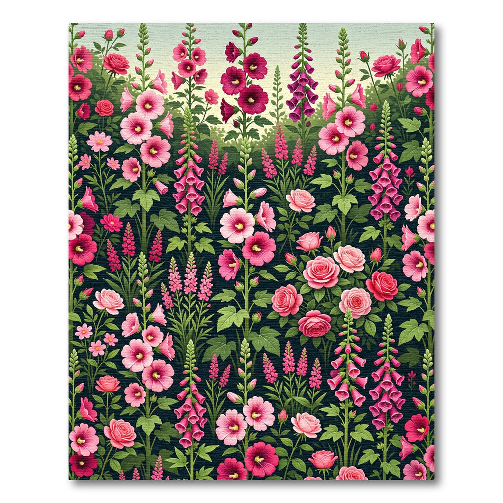 Pink Roses Hollyhocks Foxgloves Garden Rug