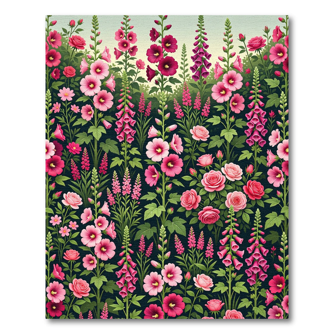 Pink Roses Hollyhocks Foxgloves Garden Rug