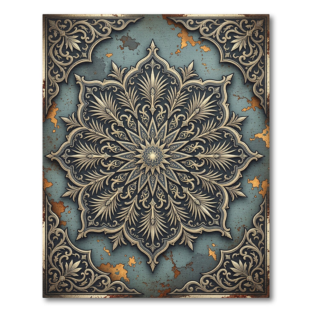Antique Teal Gold Medallion Frame Rug