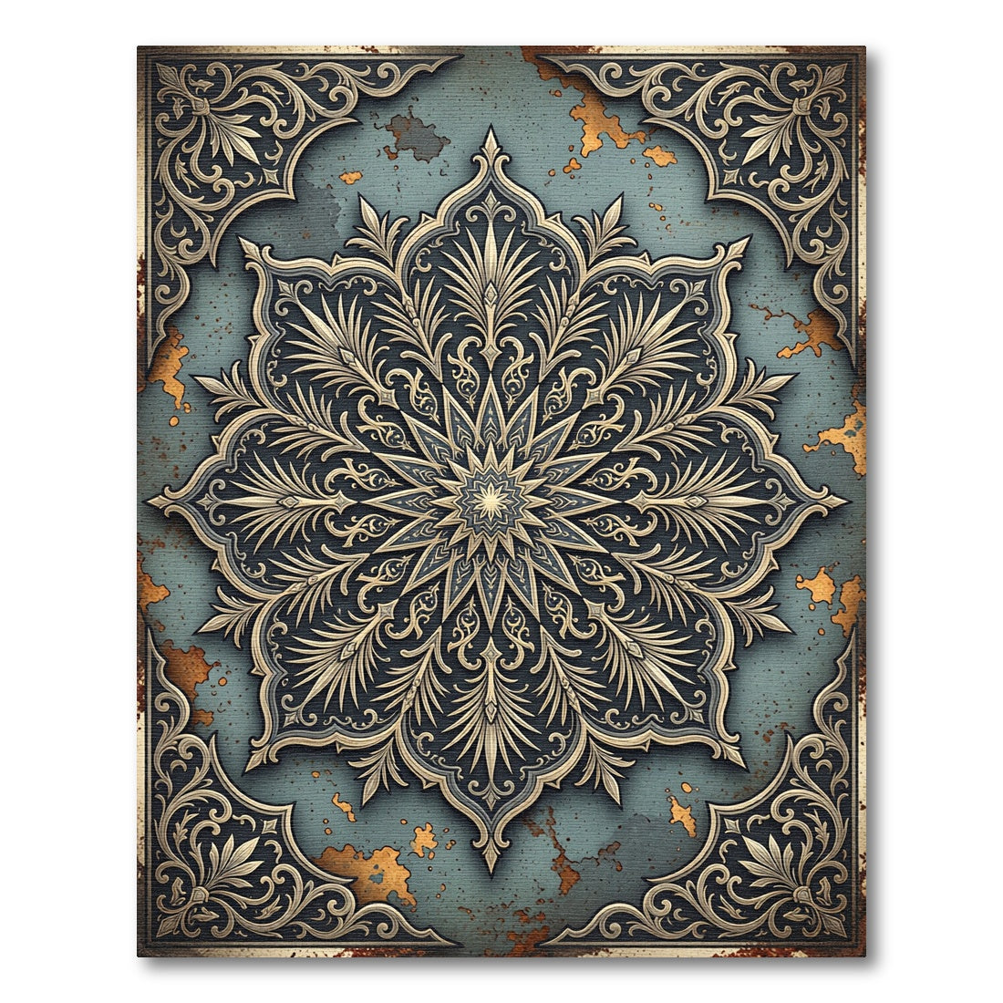 Antique Teal Gold Medallion Frame Rug