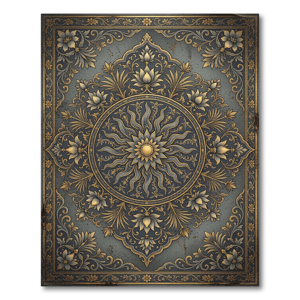 Ornate Gold Floral Medallion Slate Area Rug