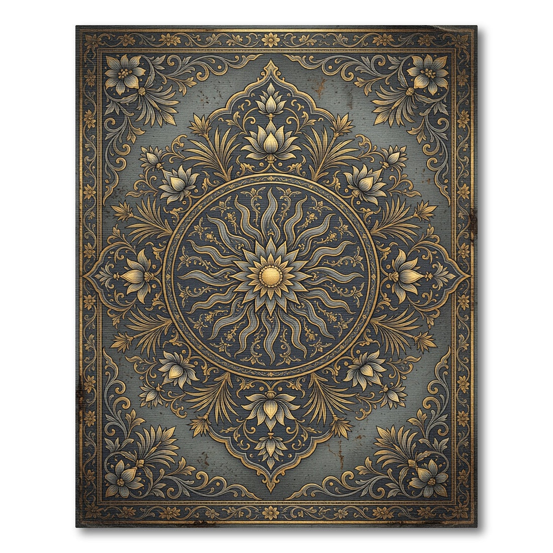 Ornate Gold Floral Medallion Slate Area Rug