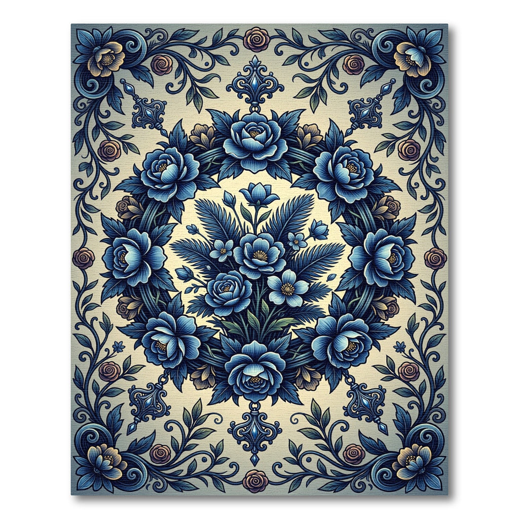 Rich Blue Floral Garland Frame Rug