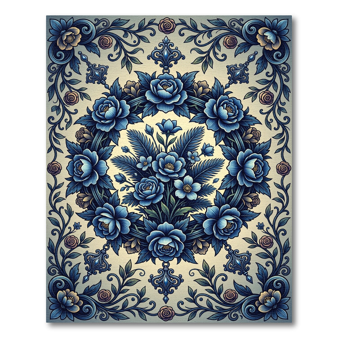 Rich Blue Floral Garland Frame Rug