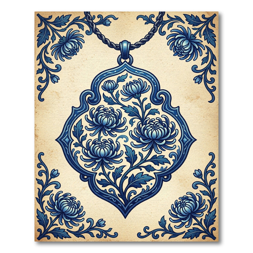 Artistic Blue Chrysanthemum Scrollwork Rug