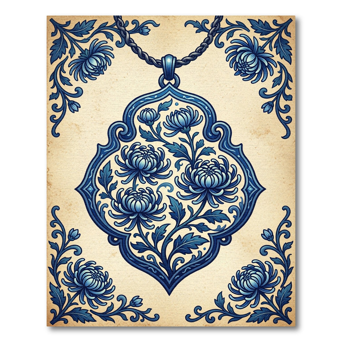 Artistic Blue Chrysanthemum Scrollwork Rug