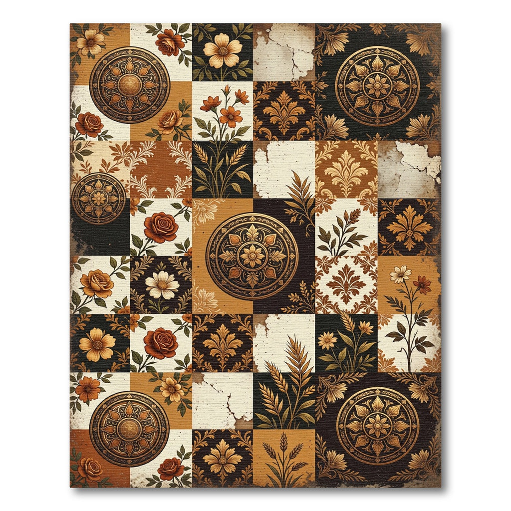 Antique Gold Floral Medallion Earthy Patchwork Rug