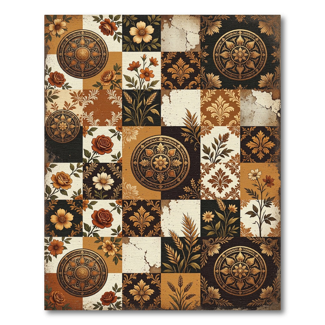 Antique Gold Floral Medallion Earthy Patchwork Rug