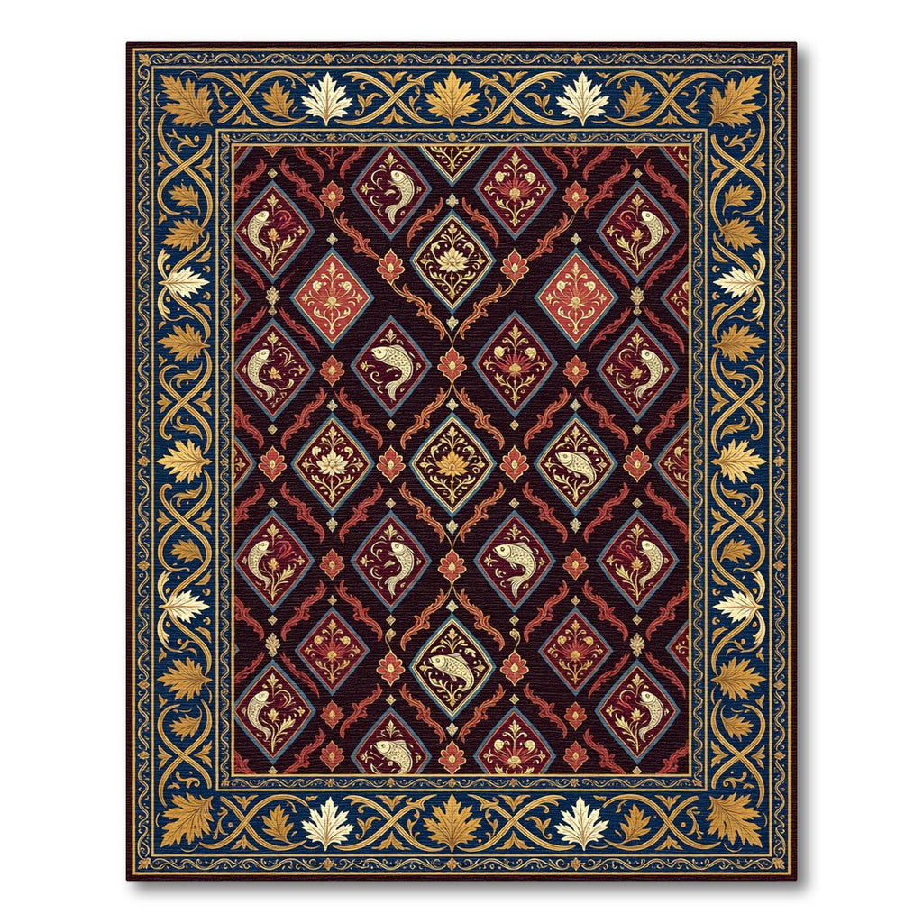 Ornate Golden Fish Crimson Diamond Tapestry Rug