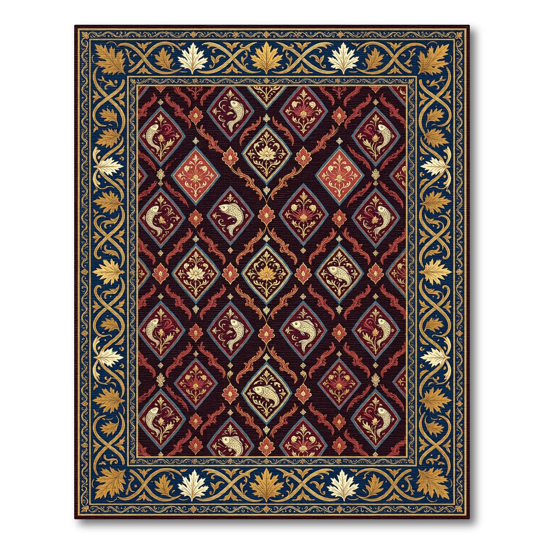 Ornate Golden Fish Crimson Diamond Tapestry Rug