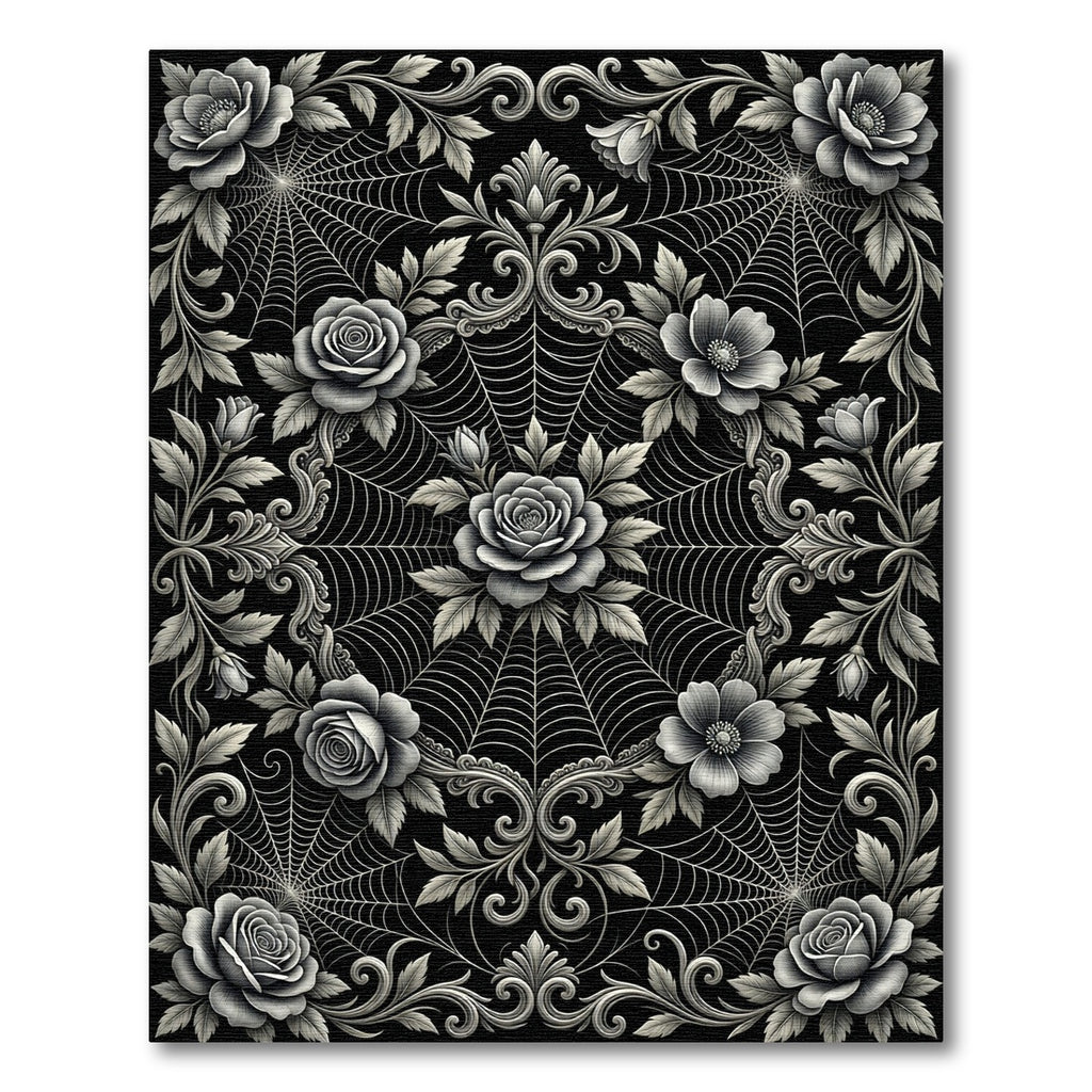 Monochromatic Floral Spiderweb Ornament Rug