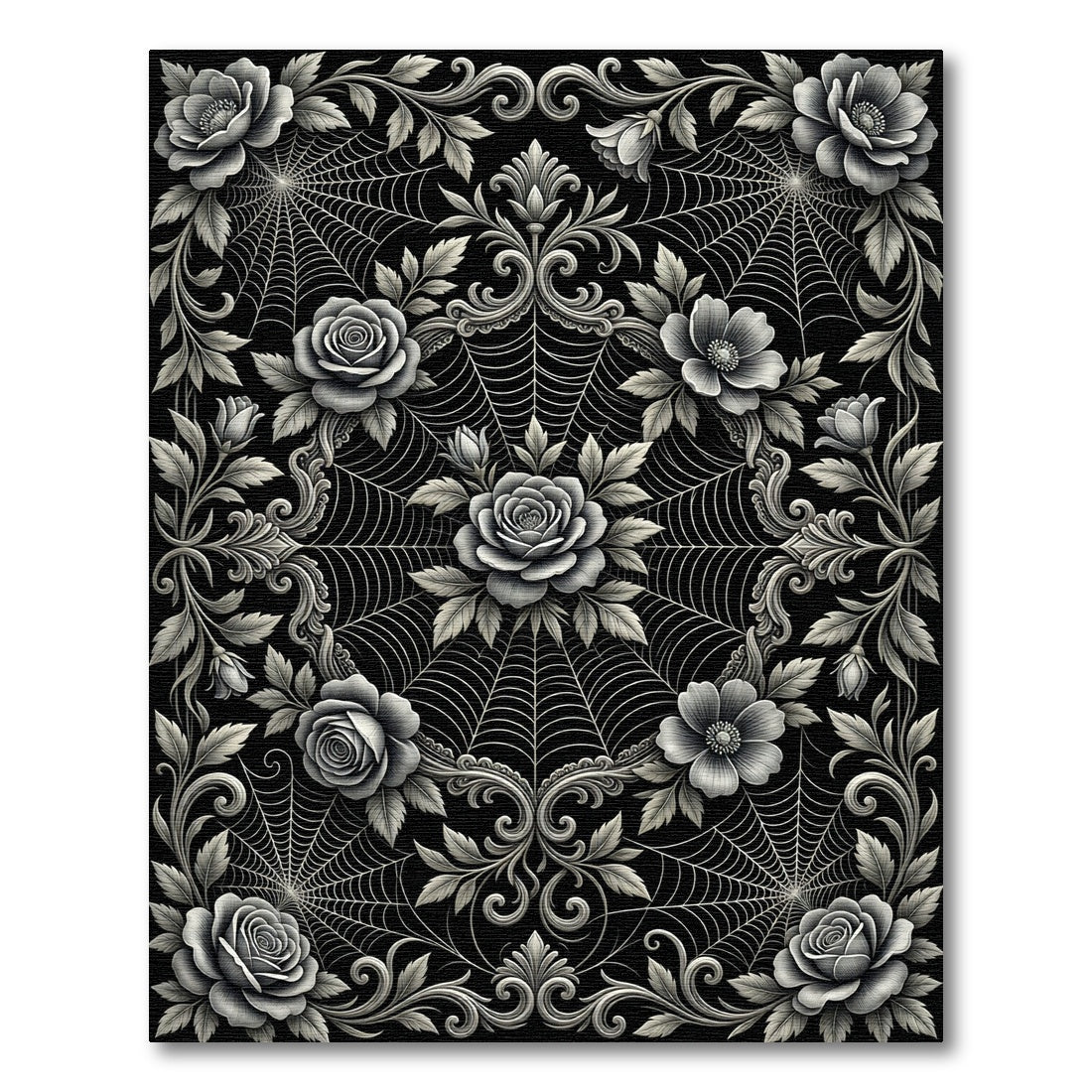 Monochromatic Floral Spiderweb Ornament Rug