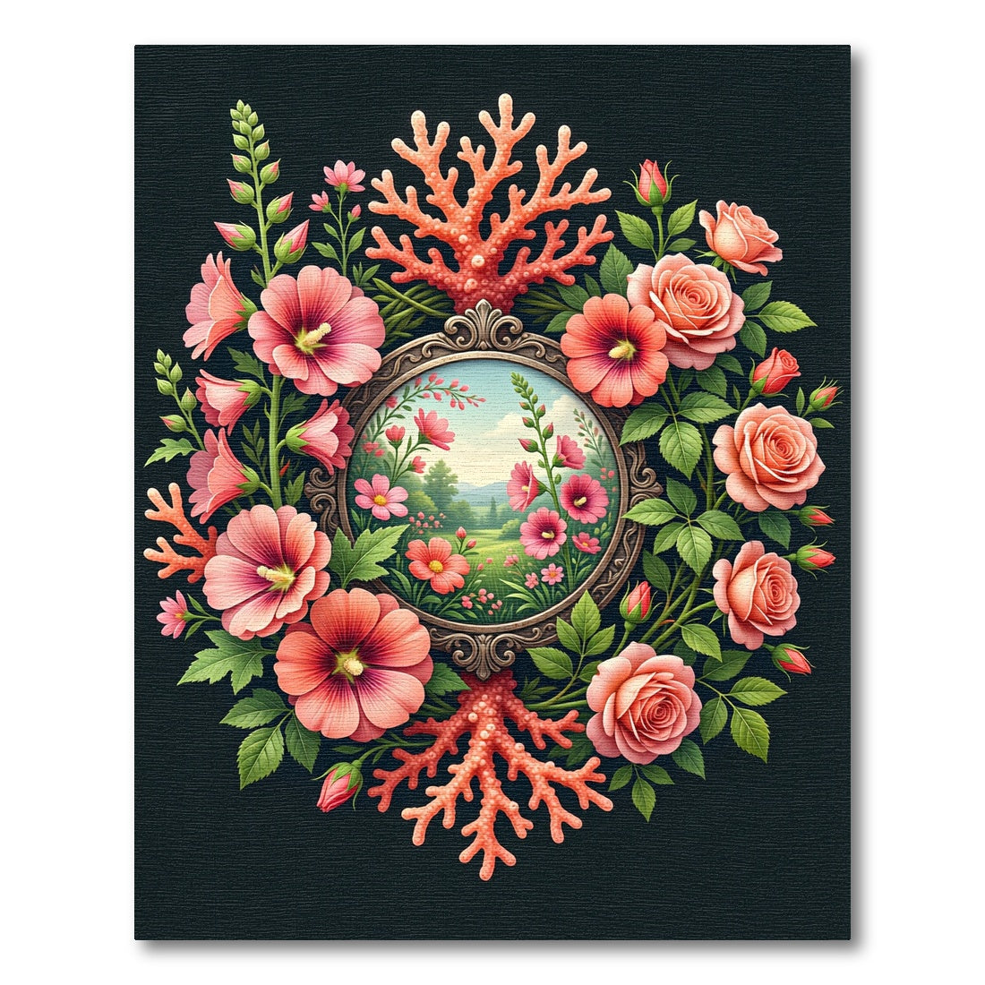Coral Floral Meadow Mirror Round Frame Rug