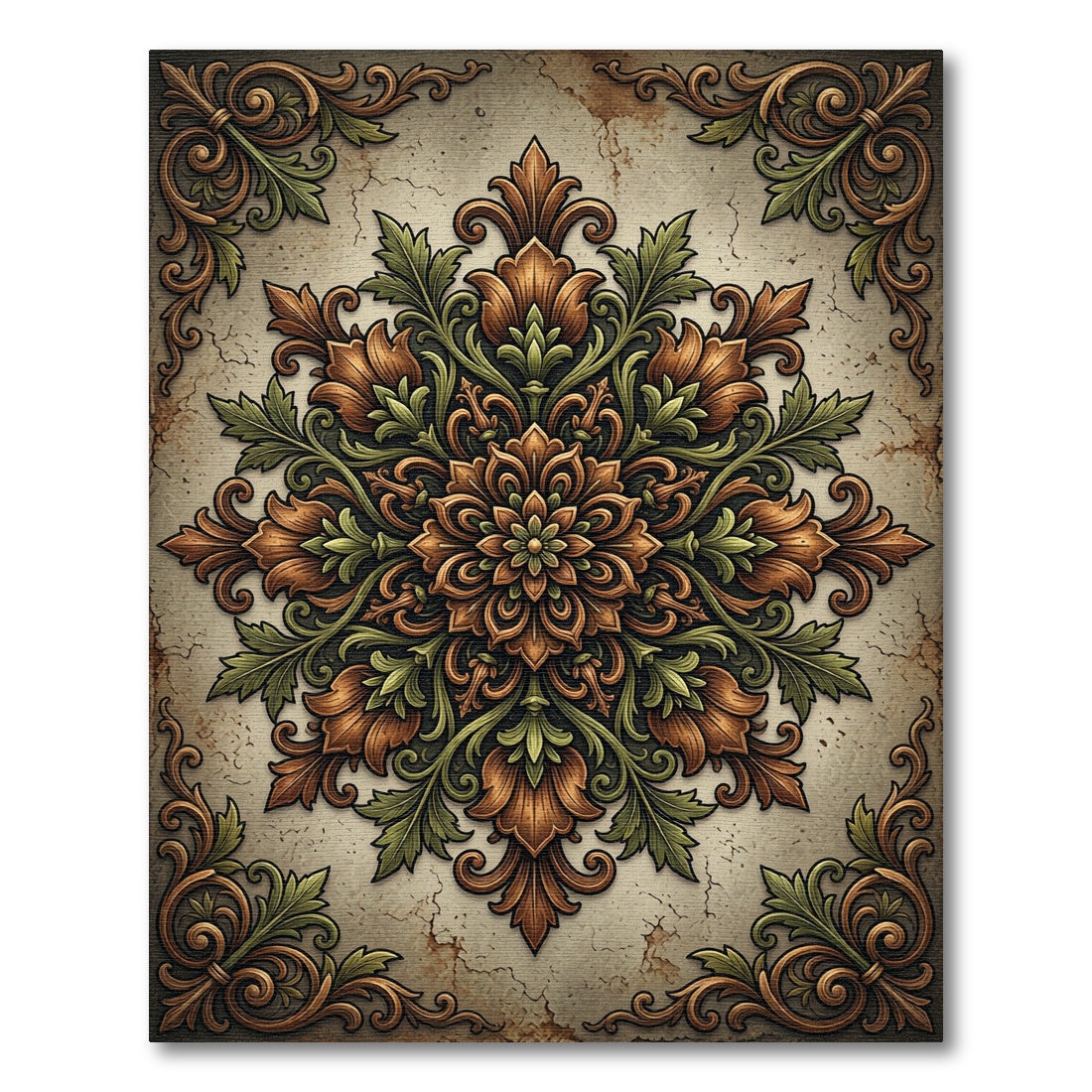 Elegant Earthy Toned Baroque Foliage Medallion Rug