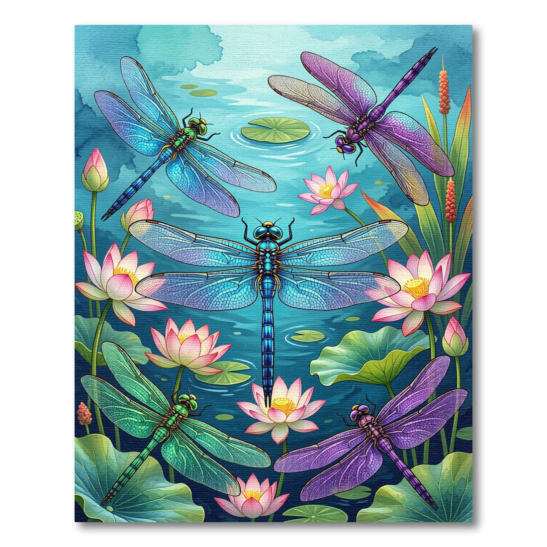 Vibrant Dragonfly Lotus Pond Scene Rug