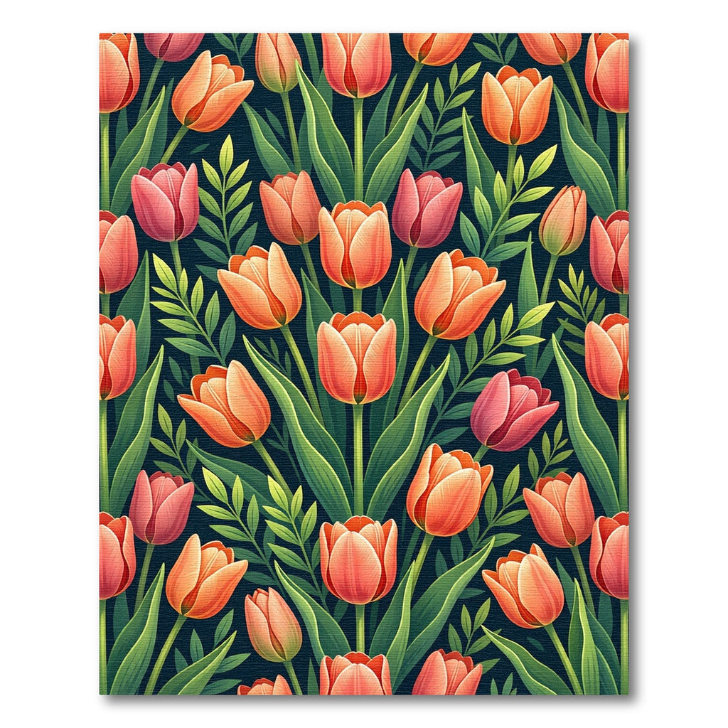 Coral Pink Tulip Garden Dark Background Rug
