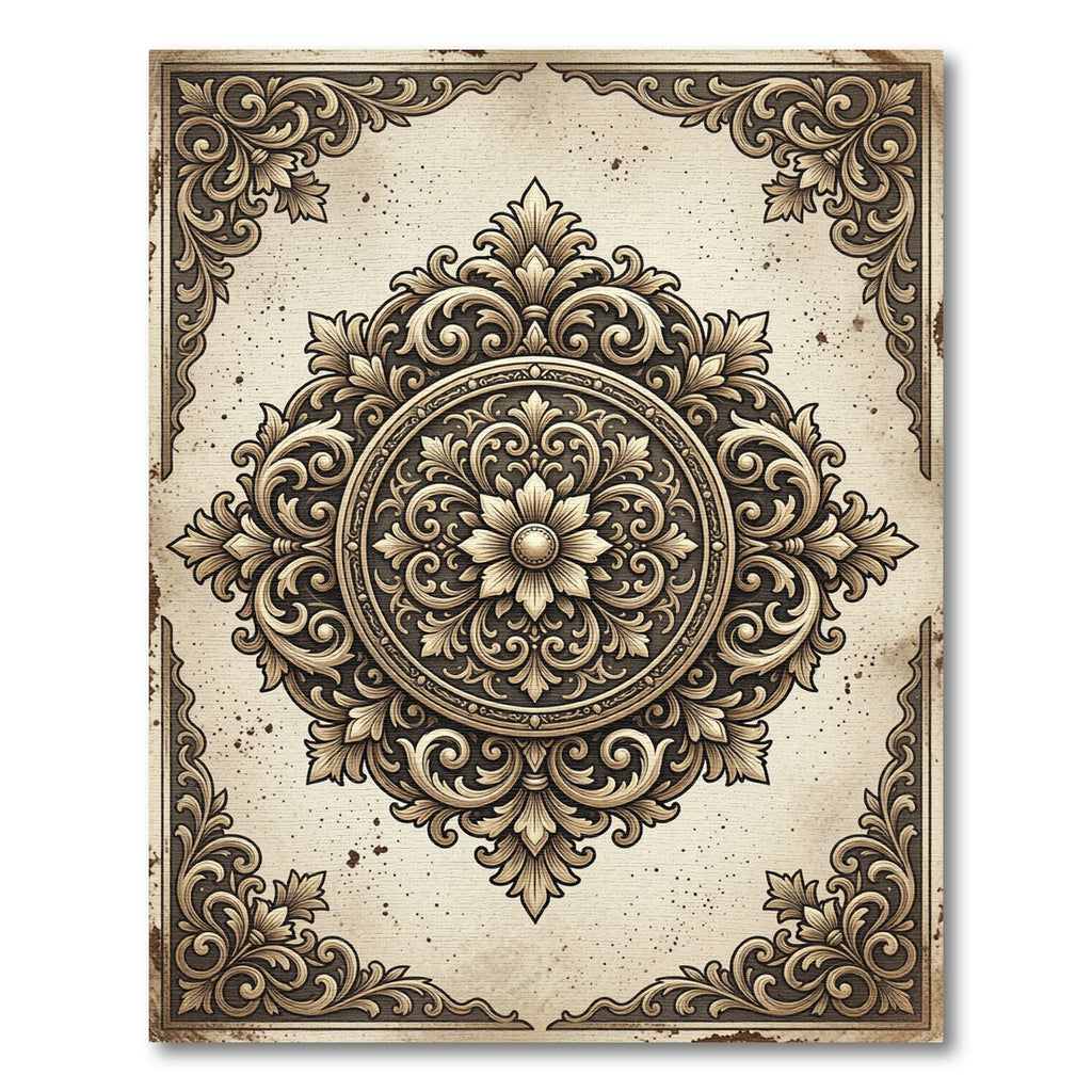 Antique Gold Scrollwork Floral Medallion Rug