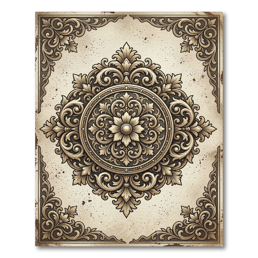 Antique Gold Scrollwork Floral Medallion Rug