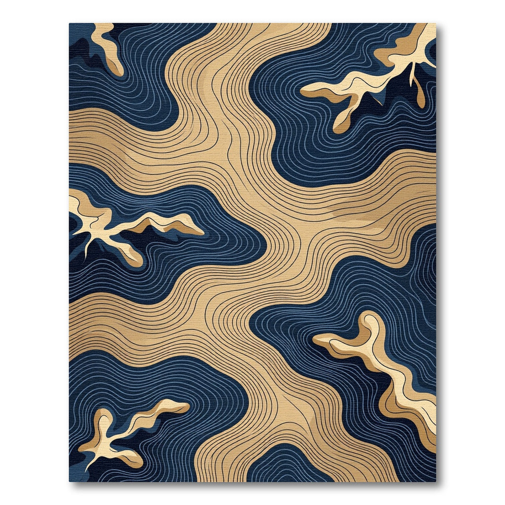 Modern Navy and Gold Fluid Contour Rug