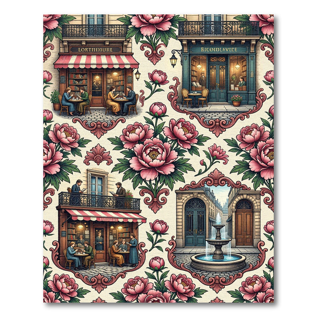 Pink Peony French Cafe Boulevard Scene Rug