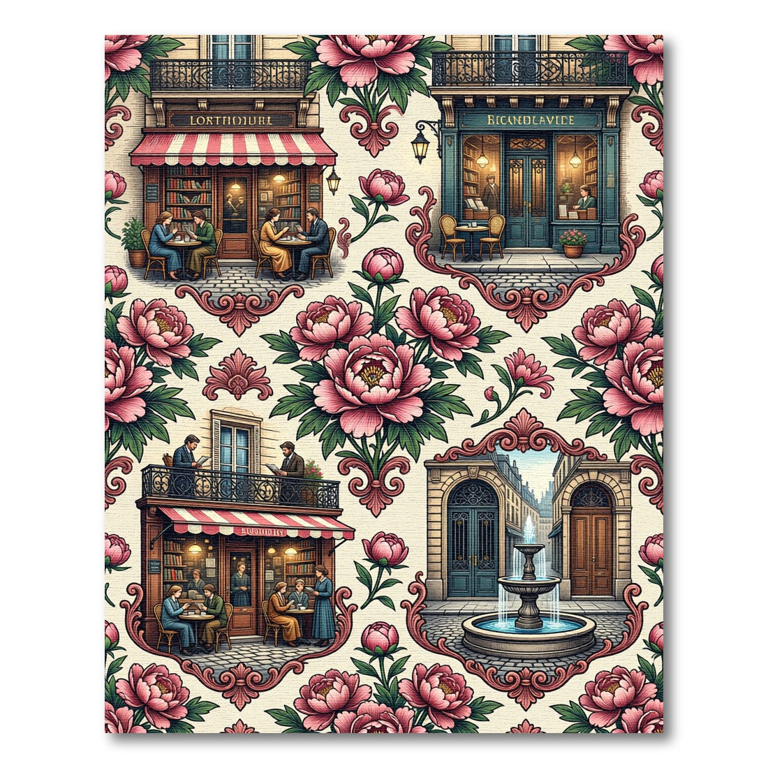 Pink Peony French Cafe Boulevard Scene Rug