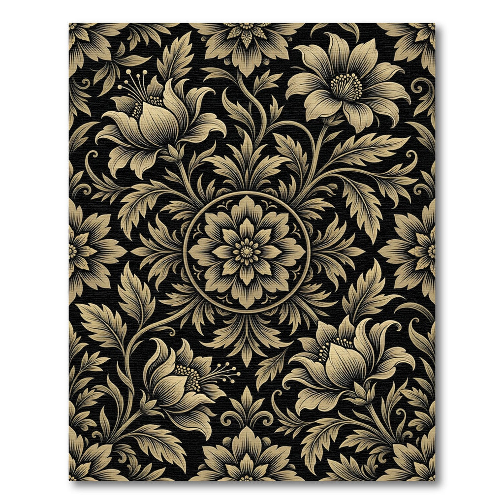 Opulent Black Gold Floral Scroll Rug
